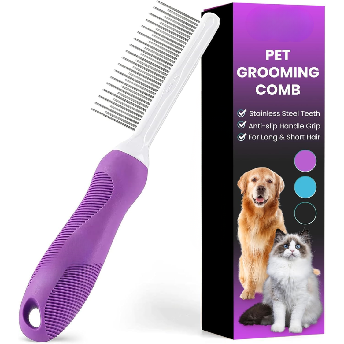 Pet Comb With Long Short Stainless Steel Teeth For Removing Matted Fur, Knots Tangles Detangler Tool Accessories For