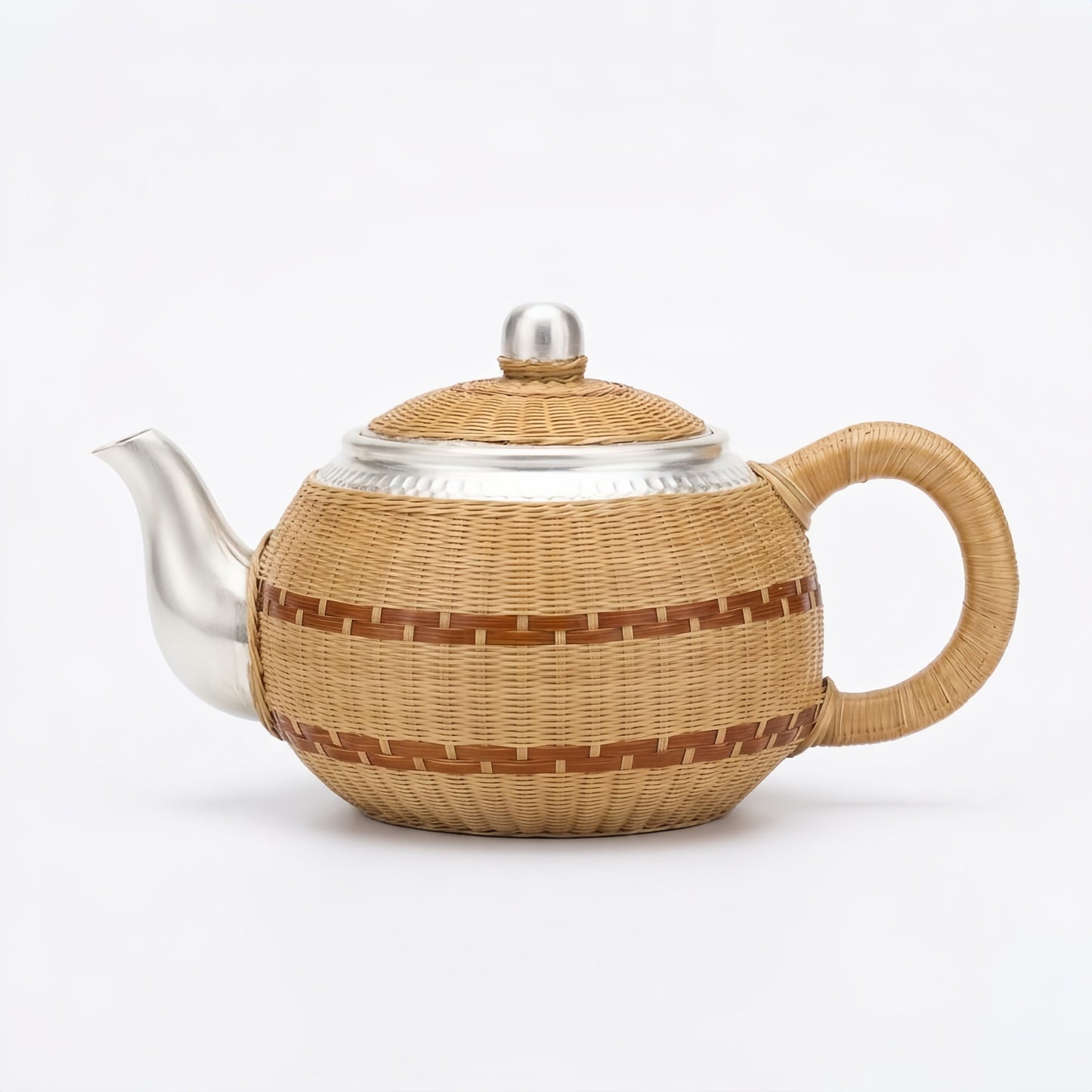 925 Sterling Silver Handcrafted Silver and Woven Rattan Teapot for Elegant Tea Service - Handicraft
