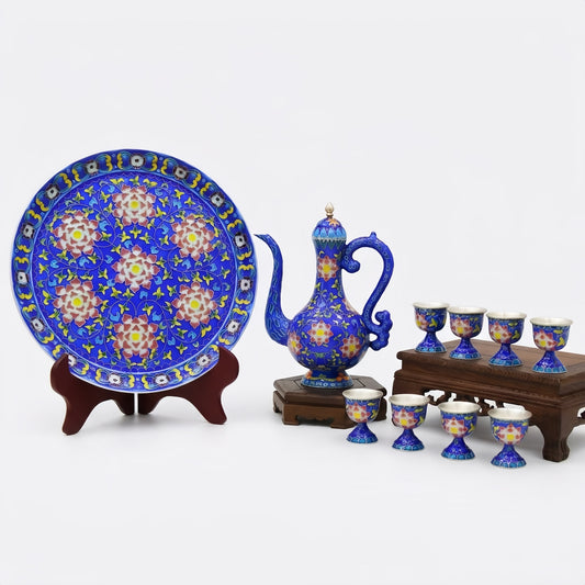 925 Sterling Silver Chinese Cloisonné Tea Set with Floral Motifs on Wooden Stands - Handicraft