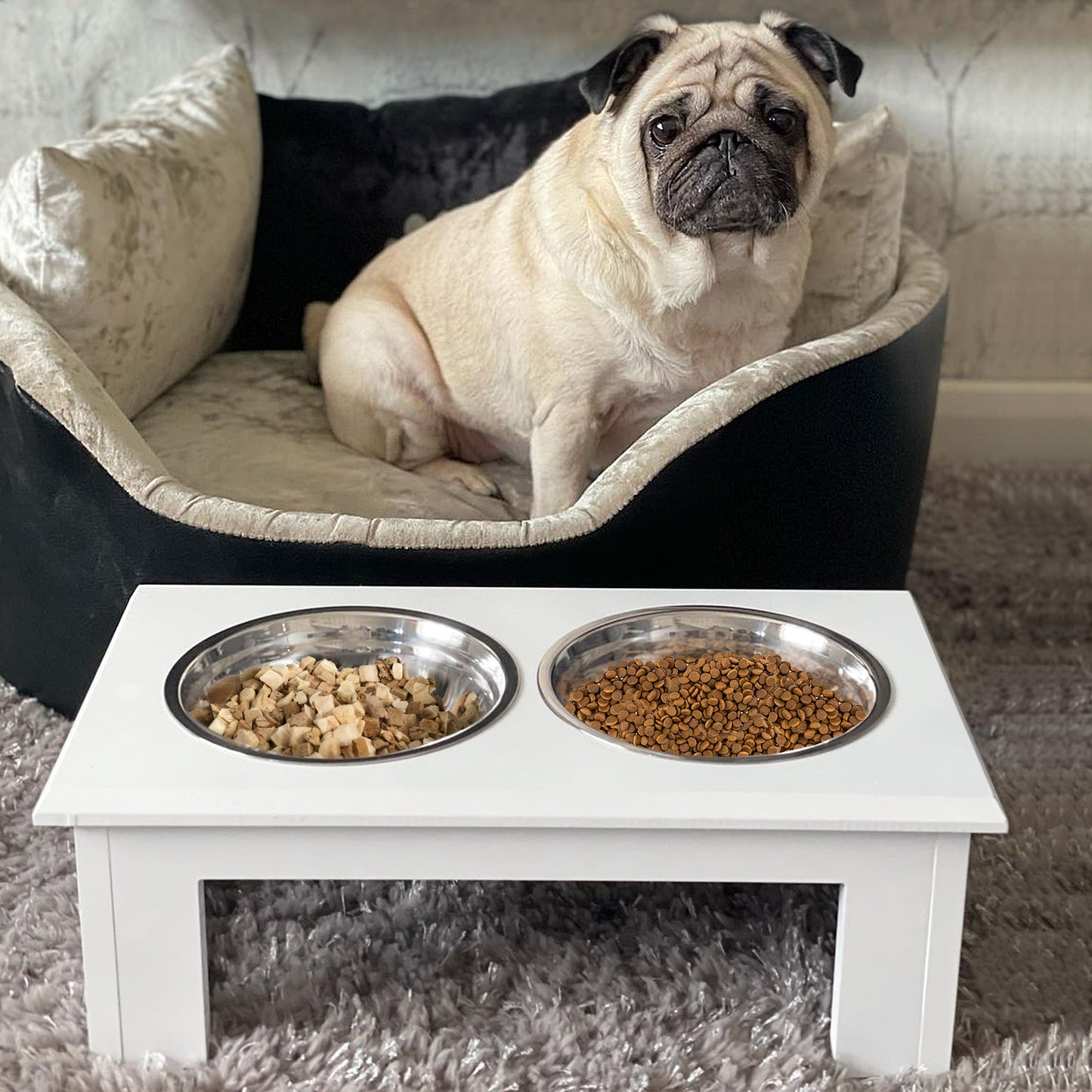 PawHut Raised Dog Feeding Bowls With Stand, Stainless Steel For Extra Small And Small Dog, 44L X 24W X 15H Cm - White
