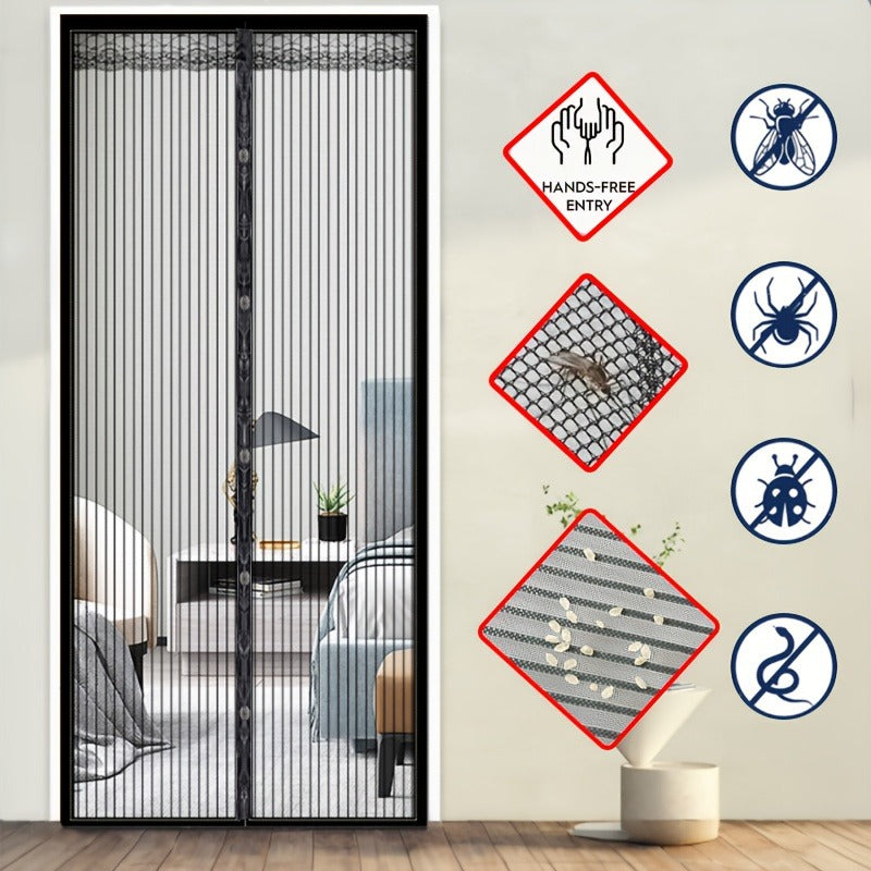 1 Black Magnetic Screen Door Curtain - Pet-friendly, No-drill Installation, Durable Fine Mesh With Strong Magnets, Breathable And Tear-resistant, Includes Push Pins And Double-sided Tape, Magnetic Doo