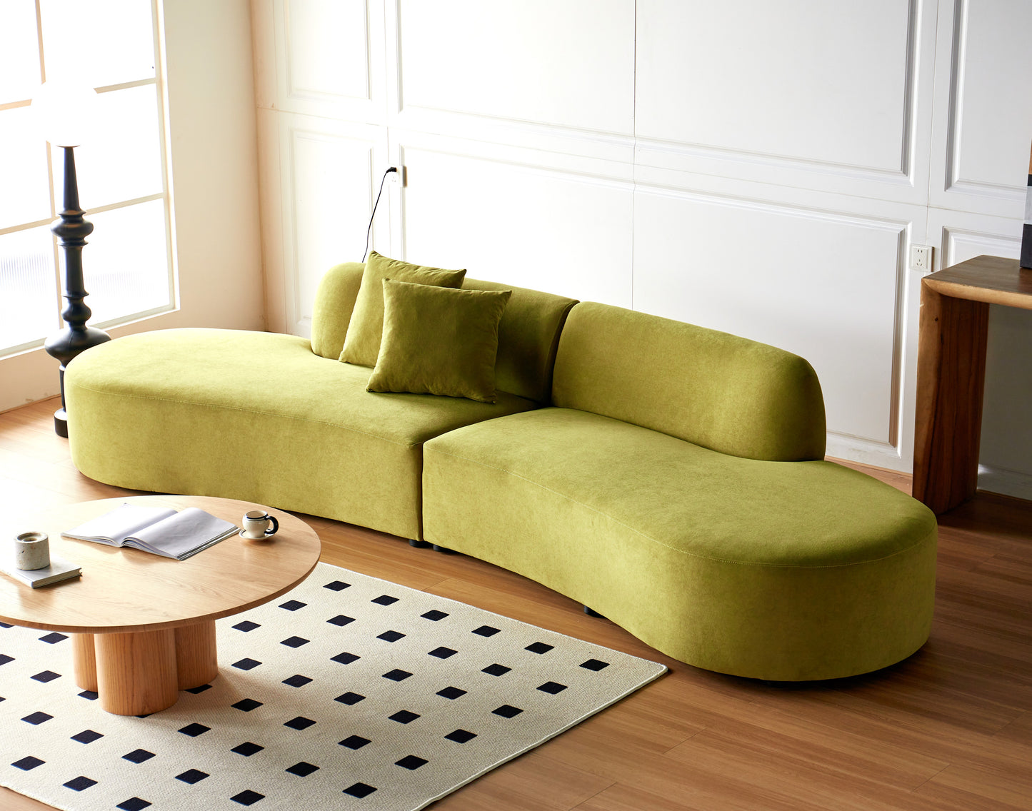 132   Curved Sofa With Throw Pillows, 6 Seater Luxury Velvet Couch With Half Moon Design And High-Density Foam, Ideal For Modern Living Room, Office & Apartment, Olive Green