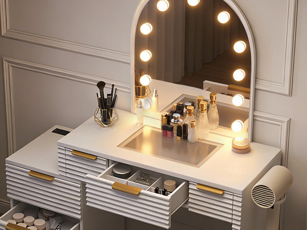 Makeup Vanity Desk With Mirror Lights Glass Tabletop 3 Lighting Modes Adjustable Vanity Table Modern Makeup Desk With Chair Power Outlet And 6 Drawers For Bedroom