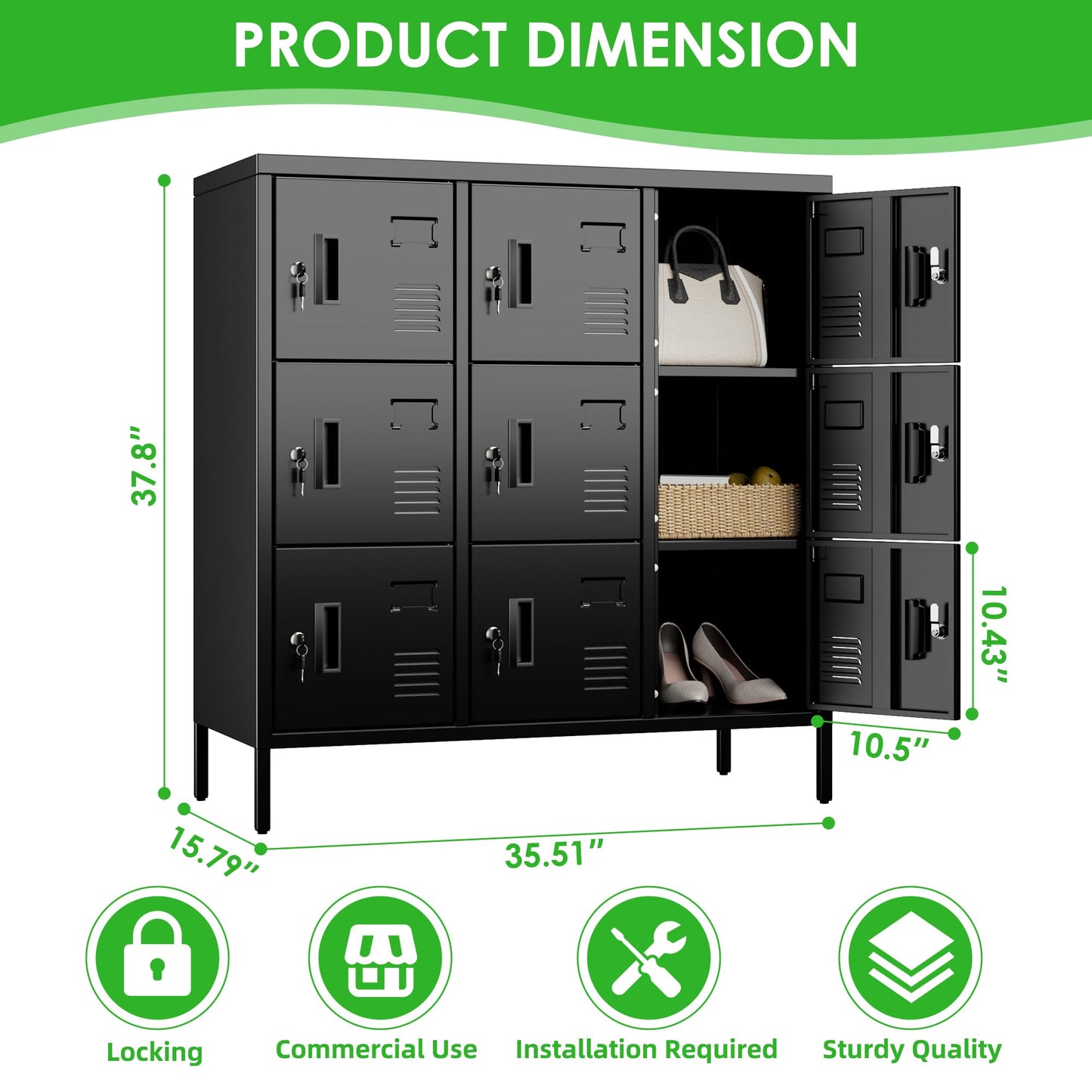 SUPEER Metal Lockers For Employees With 9 Doors,Lockable Metal Locker With Keys And Card Slot,Office Storage Locker For School Gym Home,15.79inch D X 35.51inch W X 37.8inch H,Black,Assembly Required