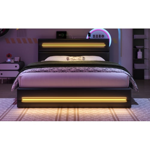 4ft6 Double Upholstered Bed Frame With Hydraulic Storage, PU Ottoman Bed With LED Lighting And Charging Station, LED Adjustable Headboard With USB And Type - C Ports, Black