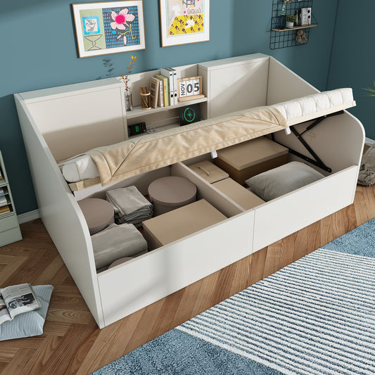 Hydraulic Daybed 90x200 Cm In White, Wooden Bed With 2 Shelves, Large Storage Space & USB-Type-C Charging Station, Slatted Frame Incl., Space-saving Single Bed  Without Mattress