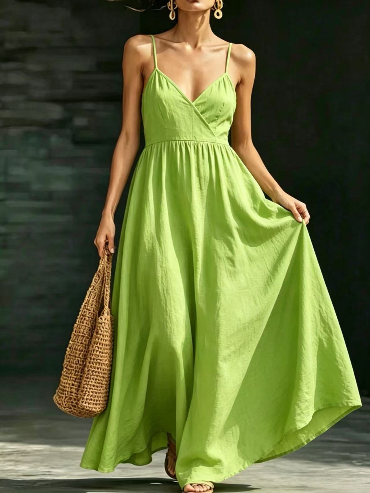 Summer V-Neck Spaghetti Strap Maxi Dress With Pockets - Elegant Vacation & Office Wear For Women