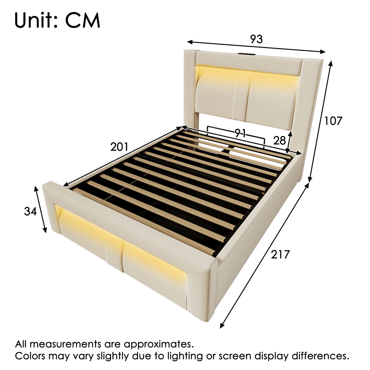 Single Bed 90x200 Cm With Storage, Hydraulic Bed, LED Lighting With App Control, USB & Type-C Charging Ports, Velvet, Headboard With Curved Design, Beige, Without Mattress