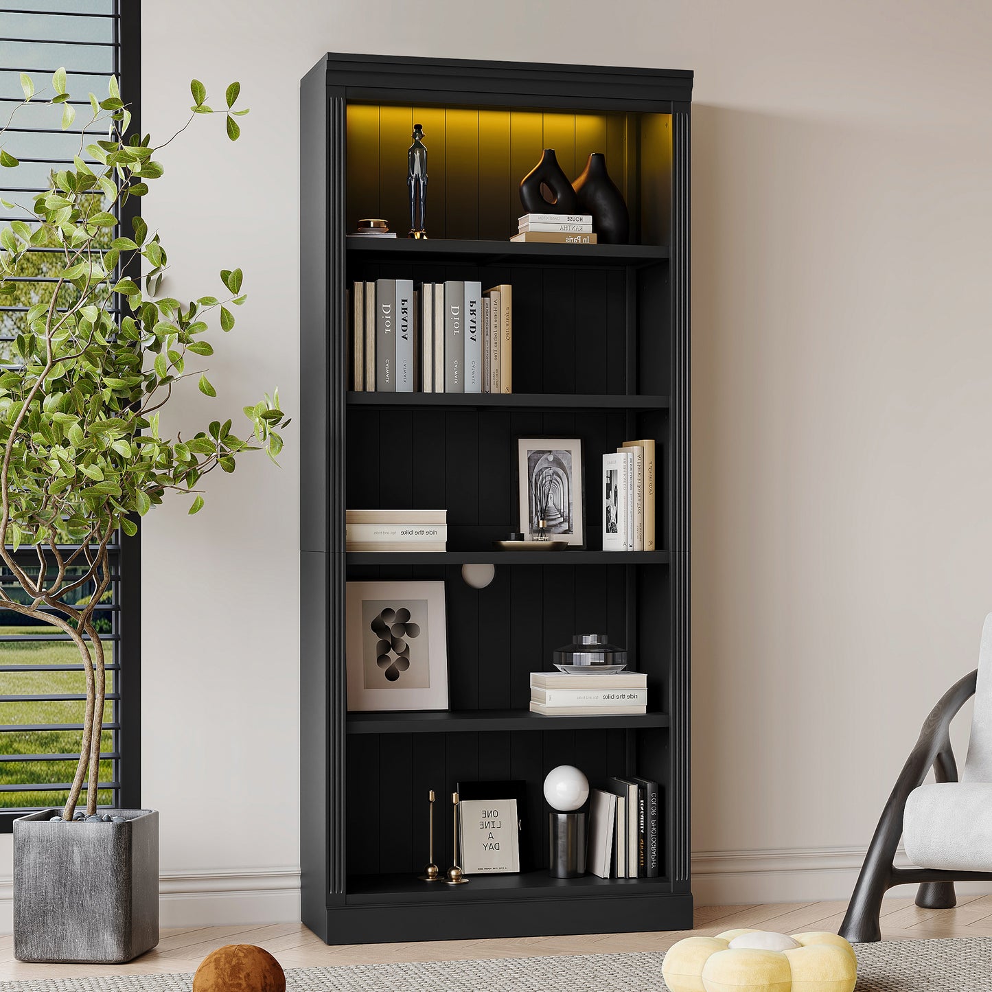 83.4 Tall Wood Bookcase With Light Strip,5-Tier Decor Bookshelves With Adjustable Shelves,Storage Organizer For CDs Books Movies,Free Standing Storage Shelves For Living Room,Home Office,Black