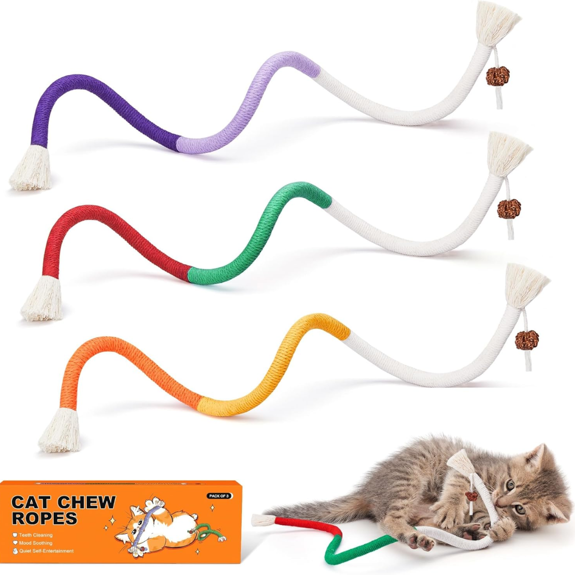 Cat Toys Chew Ropes 3Pcs With Refillable Natural Catnip