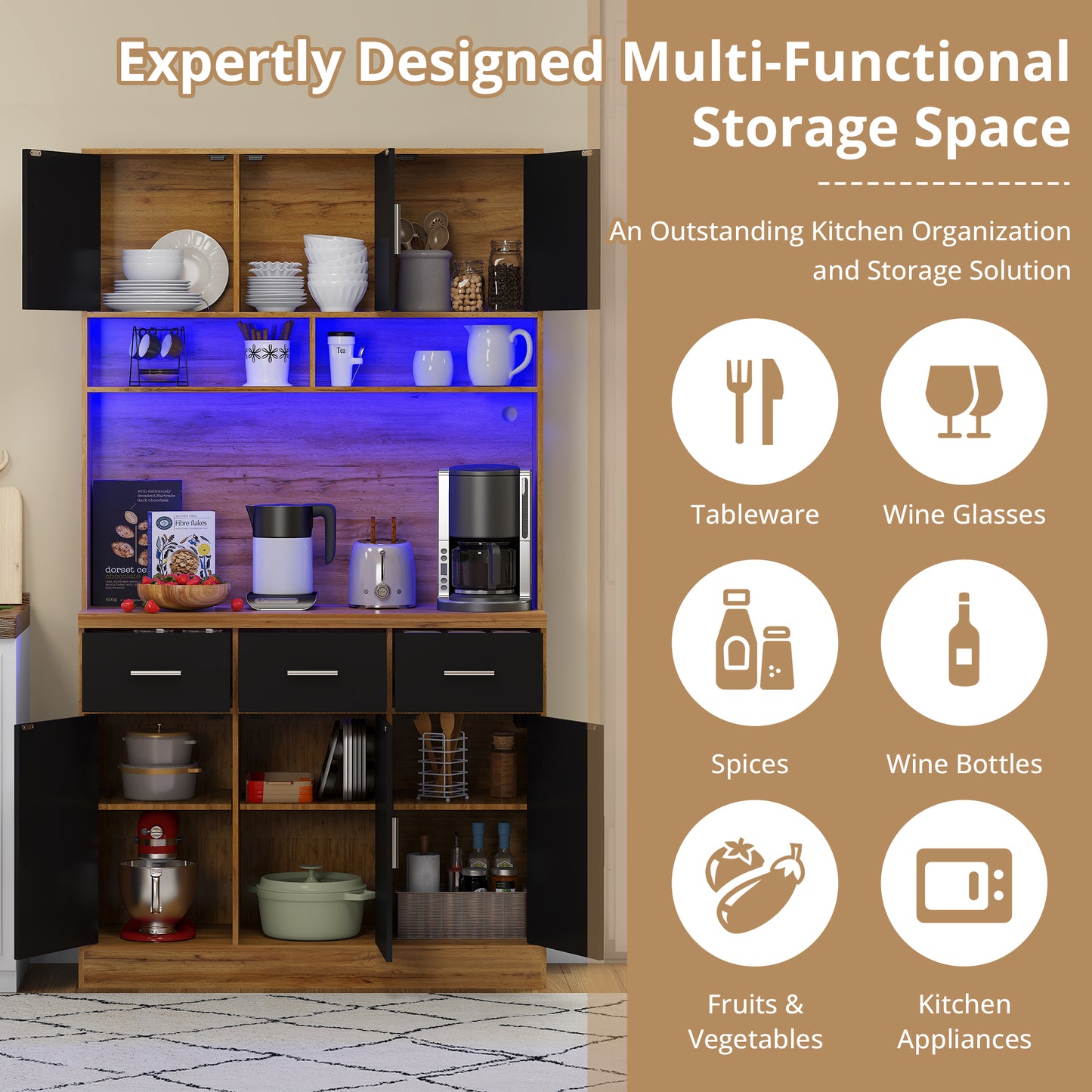 100x40x180cm, Kitchen Tall Cabinet, Pantry, Buffet Cupboard With LED App Controlled, Drawers, Adjustable Shelves, And Charging Station,  For Kitchens And Dining Rooms