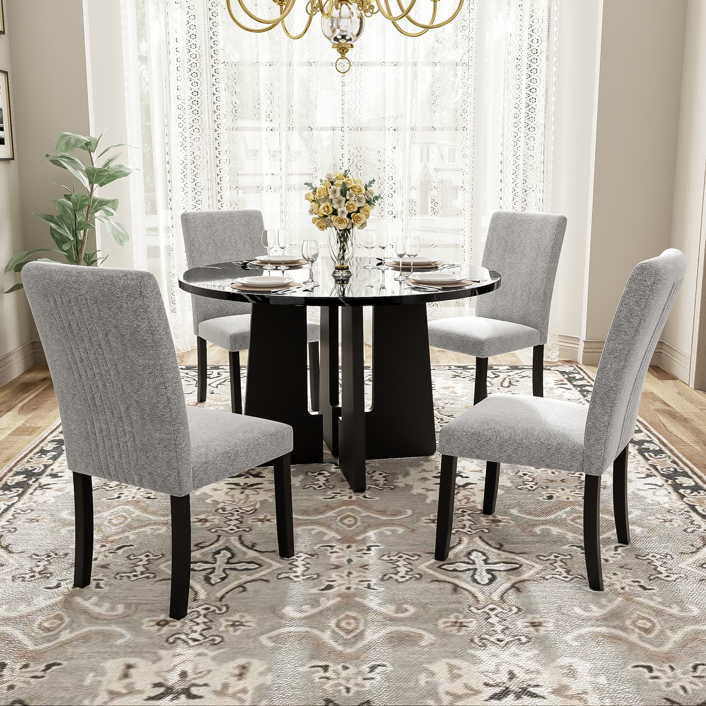 Round Dining Table For 4, 43-Inch Faux Marble Top, Mid-Century Modern Round Dining Table For Cafes, Restaurants, Bars, Home Offices And Conference Rooms  Black