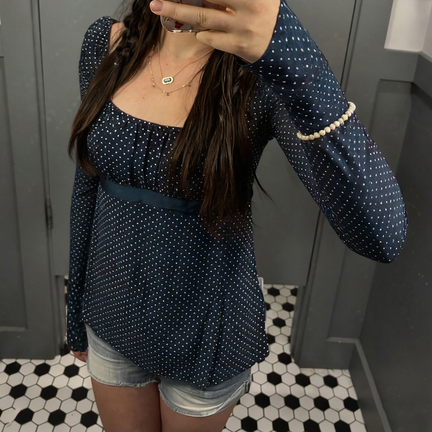 Korean-style Elegant Polka-Dot U-Neck Top With Bow-Tie Straps And Long Sleeves