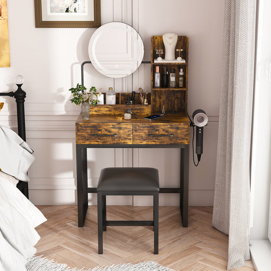 Makeup Vanity With LED Lights&3 Color And Power Outlet Makeup Vanity Table With 2 Big Drawers With Sturdy Metal Leg And Metal Chair ,Dressing Table For Bedroom Dressing Room Brown