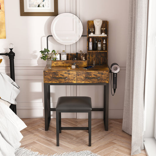 Makeup Vanity With LED Lights&3 Color And Power Outlet Makeup Vanity Table With 2 Big Drawers With Sturdy Metal Leg And Metal Chair ,Dressing Table For Bedroom Dressing Room Brown