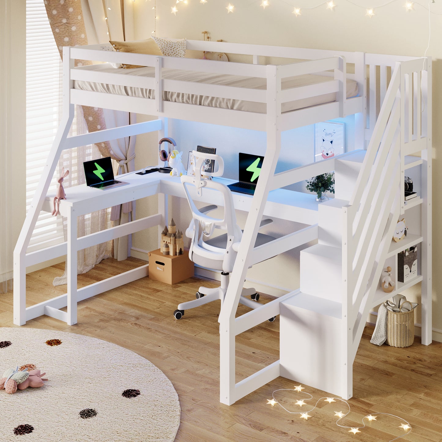 90x200 Wooden Loft Bed With Desk, LED Lighting, USB Port And Staircase With Storage, White