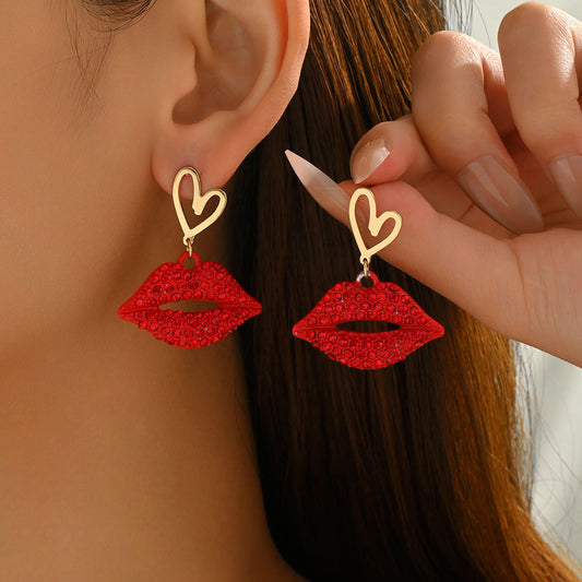 Cross-border European American New Arrival Women Jewelry, Unique Diamond Inlaid Heart & Lip Design Drop Earrings, Versatile High Sense Ear Accessories For Ladies