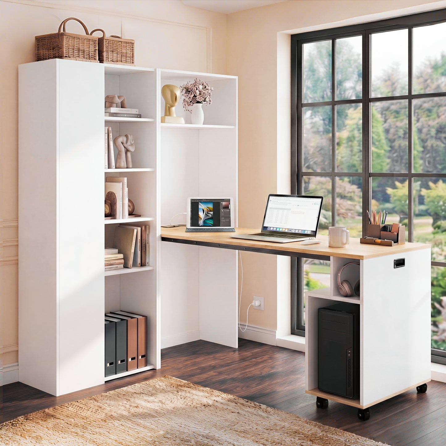 Folding Desk With Shelves  2-in-1 Bookshelf And Desk, Foldable, With Power Outlet And USB Port, Height-adjustable Shelves, Anti-tip Device, White Desk, Corner Desk Left