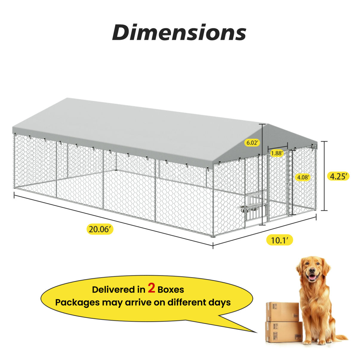 20x10 FT Large Outdoor Dog Kennel with Canopy, Heavy Duty Galvanized Steel Frame, Waterproof Cover, Built-in Elevated Feeding Bowls, Escape-Proof Lockable Pet Playpen for Large Dogs & Multiple Animal