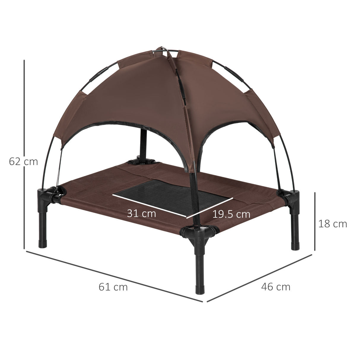 PawHut Raised Dog Bed Waterproof Elevated Pet Cot With Breathable Mesh UV Protection Canopy Brown, For Small Dogs, 61 X 46 X 62cm