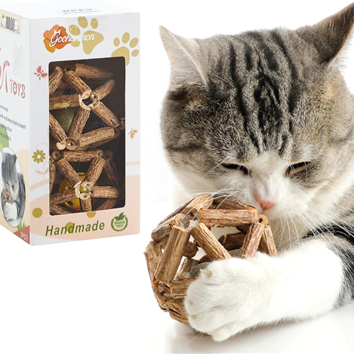Natural Silvervine Stick Catnip Ball Bell Ball Cat Toys For Indoor Cats- Cleaning Teeth Molar Tools Cat Chew
