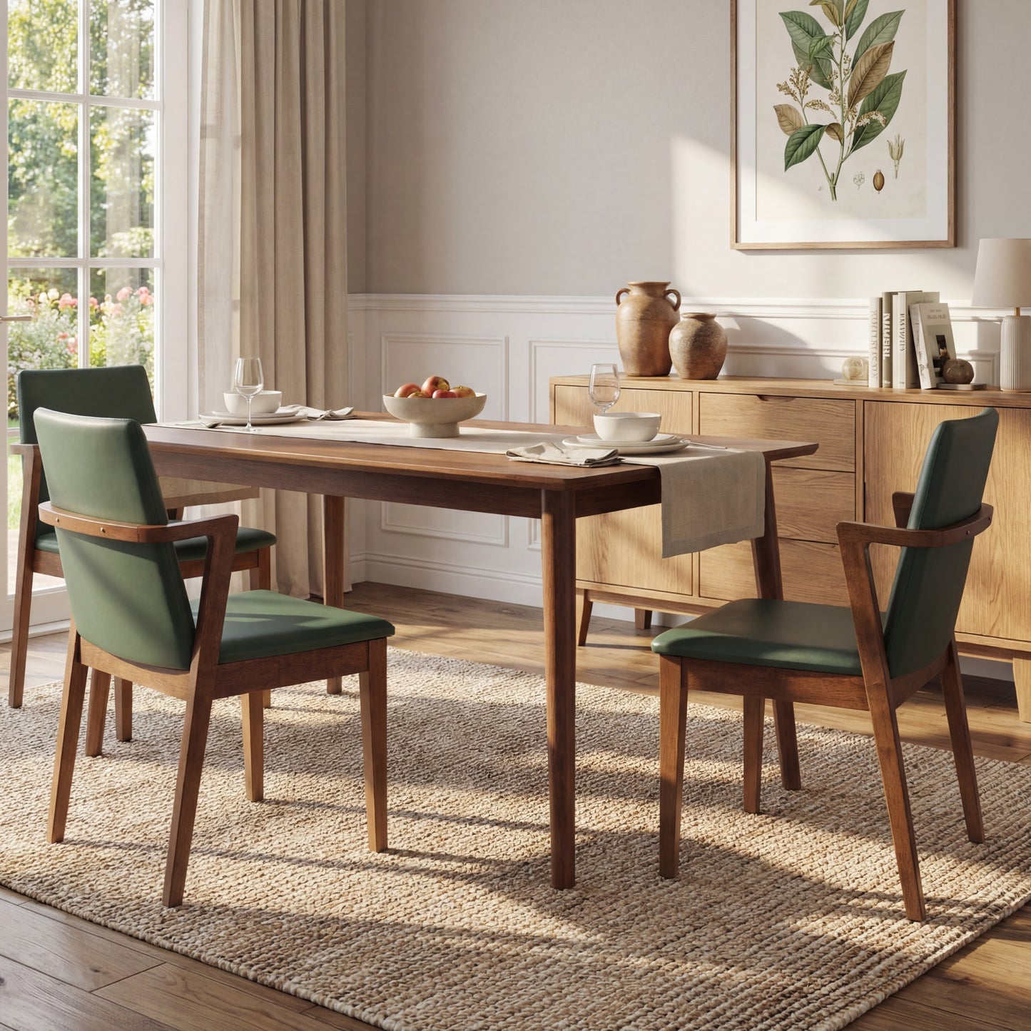 Mid-Century Modern Dining Chairs Set Of 2 - Green PU Upholstered Armchairs With Walnut Color Rubber Wood Frame, 250lbs Capacity For Kitchen & Dining Room