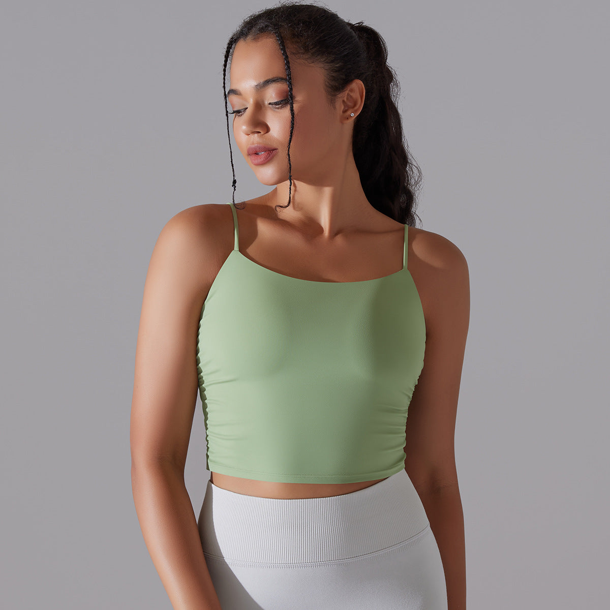 New Solid Color Pleating Beauty Back Spaghetti Strap Sports Underwear Running Workout Vest Sling