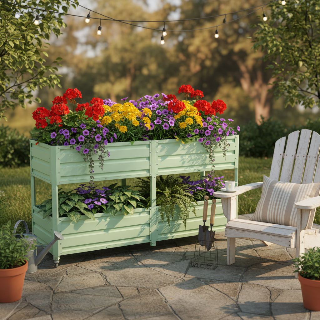 Dual Tier Elevated Metal Raised Garden Bed With Lockable Wheels, Staggered 2-Layer Raised Planter Box For Vegetables Herbs Flowers, Outdoor Patio  Green Planting Bed,Green