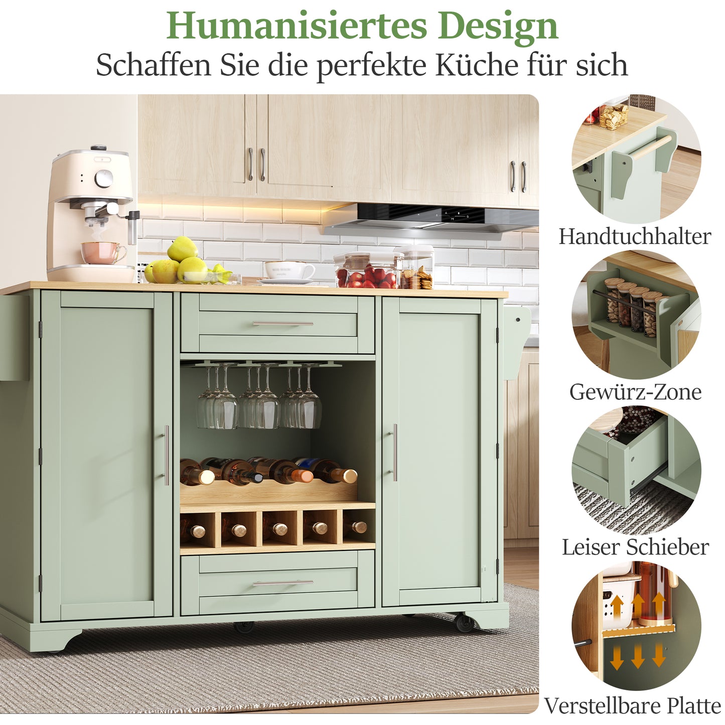 Kitchen Trolley With Folding Worktop, Kitchen Island On Wheels With Wine Rack, Glass Holder, Spice Rack & Towel Rack, 120x45 70x92cm, Green  Multifunctional Serving Trolley With Storage