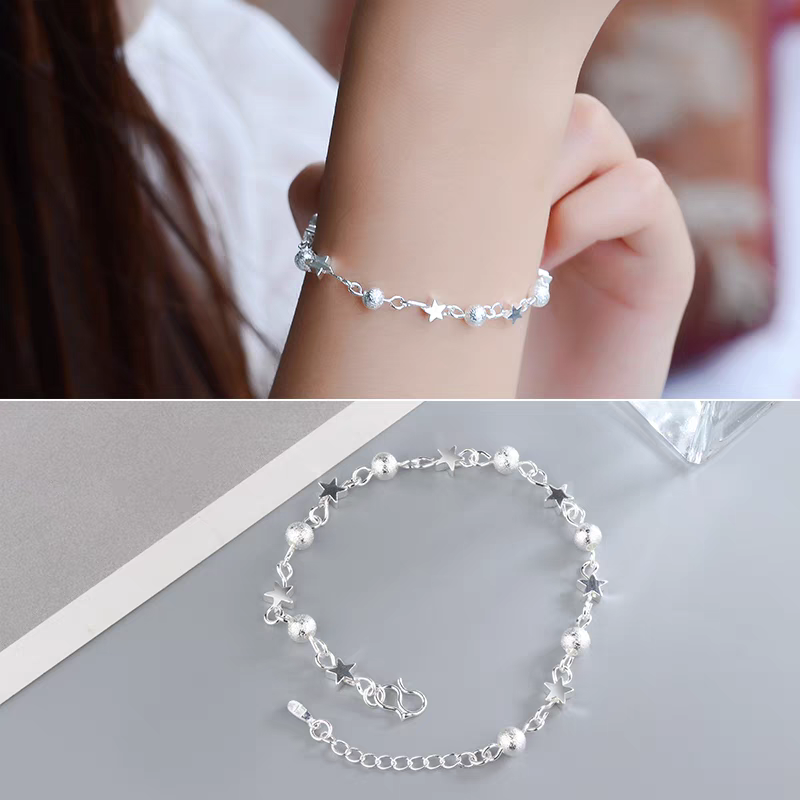 1pc 999 Sterling Silver Star & Frosted Bead Bracelet, Sweet Minimalist Style, Perfect For Daily Wear And Valentine's Gift