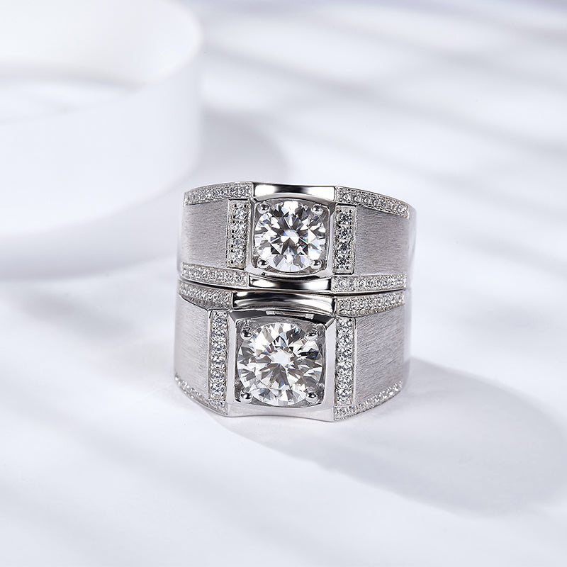S925 Sterling Silver Men's Wide Band Moissanite Ring, 1&2ct D-VVS1 Brushed Finish With Pave Accents, Platinum Plated US Sizes 5-9, GRA Certificate Gift Box
