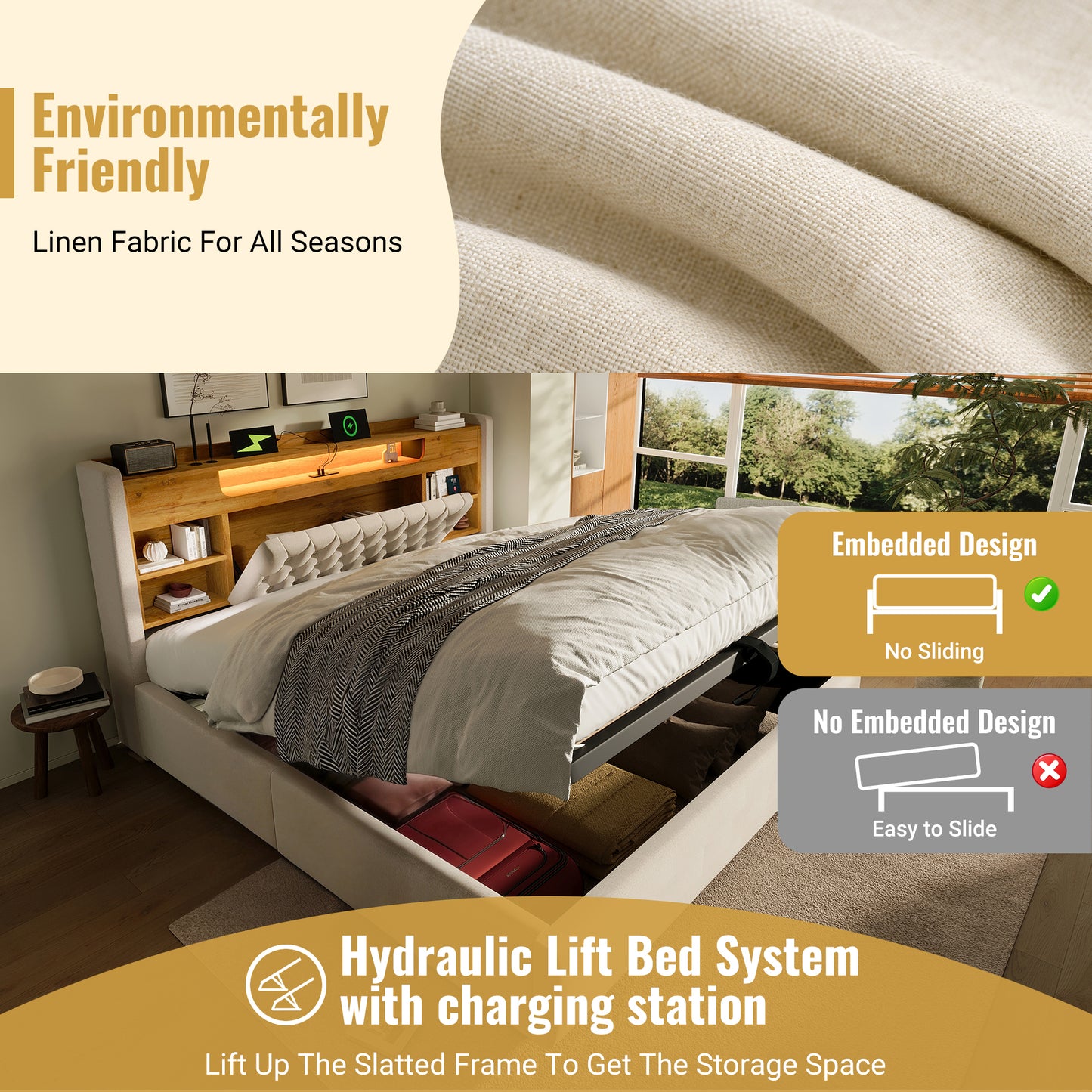 4ft6 Double Bed With Hydraulic Storage, Upholstered Bed Frame With LED Lighting & Charging Station, Storage Headboard For Cellphones & Tablets, 135 X 190 Cm, Linen, Beige  No Mattress
