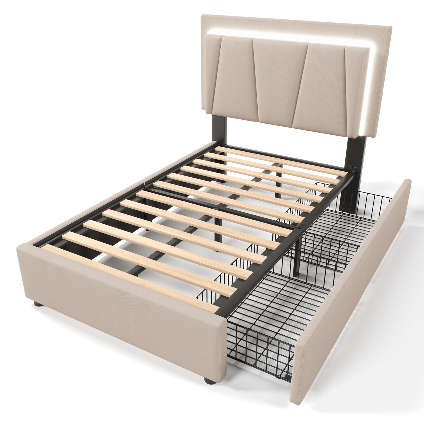 Sofa Bed With LED Lighting And 2 Drawers, Height Adjustable Headboard, Single Bed 90x200cm, Storage Bed Frame, Wooden Bar Bed, Beige Without Mattress