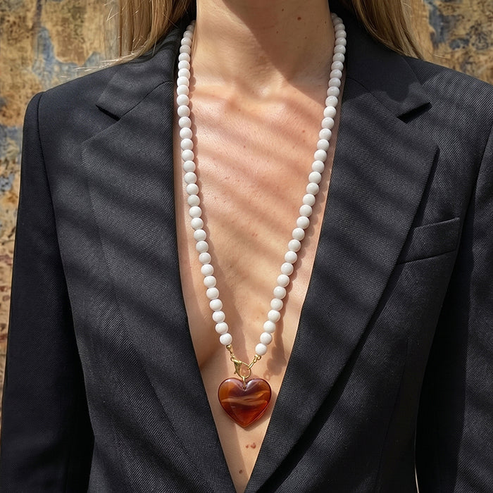 80cm Long Glass Bead Necklace For Women, 18K Gold Plated Stainless Steel Chain With Chunky Amber Brown Heart Pendant, Vintage Layering Jewelry Gift