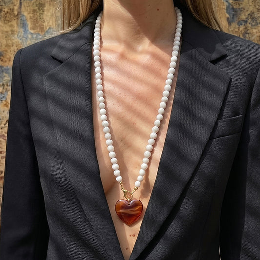 80cm Long Glass Bead Necklace For Women, 18K Gold Plated Stainless Steel Chain With Chunky Amber Brown Heart Pendant, Vintage Layering Jewelry Gift