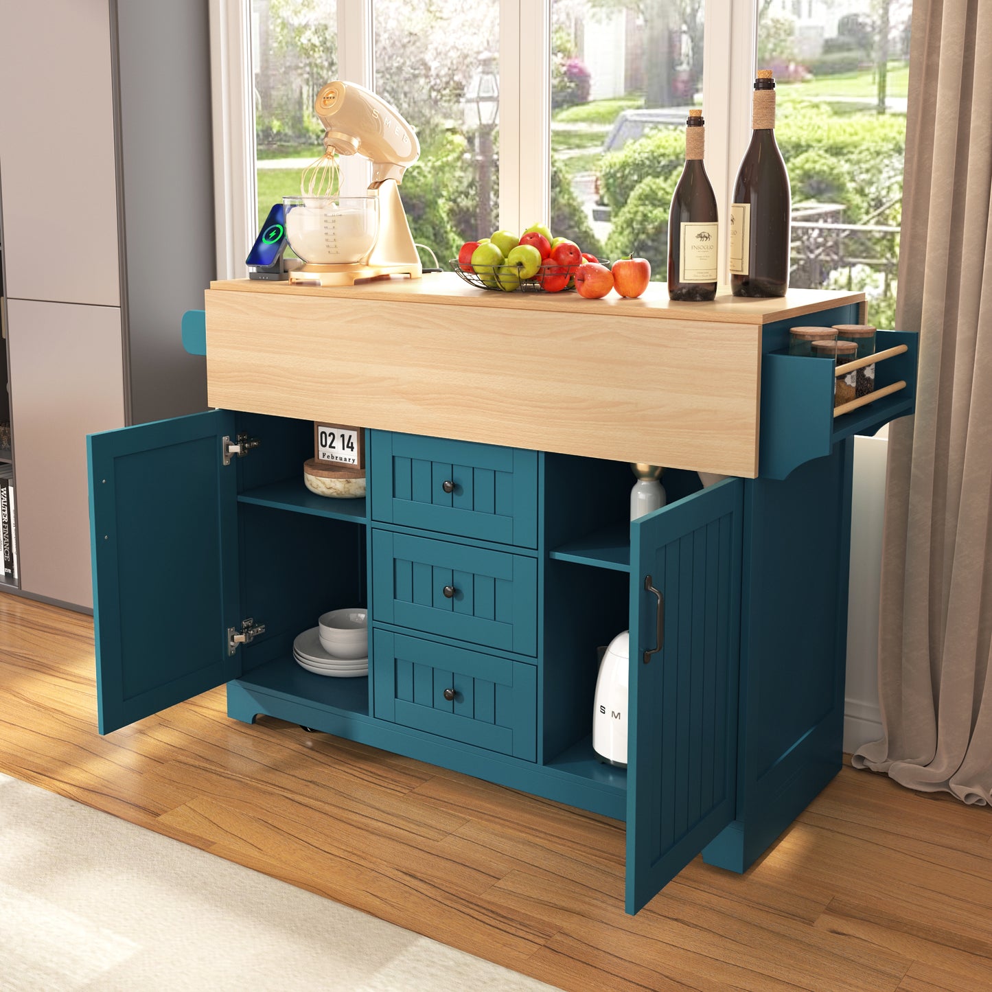 K&K 55.7  Large Kitchen Island With 2 Drop Leaf,, Rolling Kitchen Cart On 5 Wheels With Power Outlet, Folding Storage Dining Table With Spice & Towel Rack , 3 Drawers, For Kitchen, Dining Room,Green