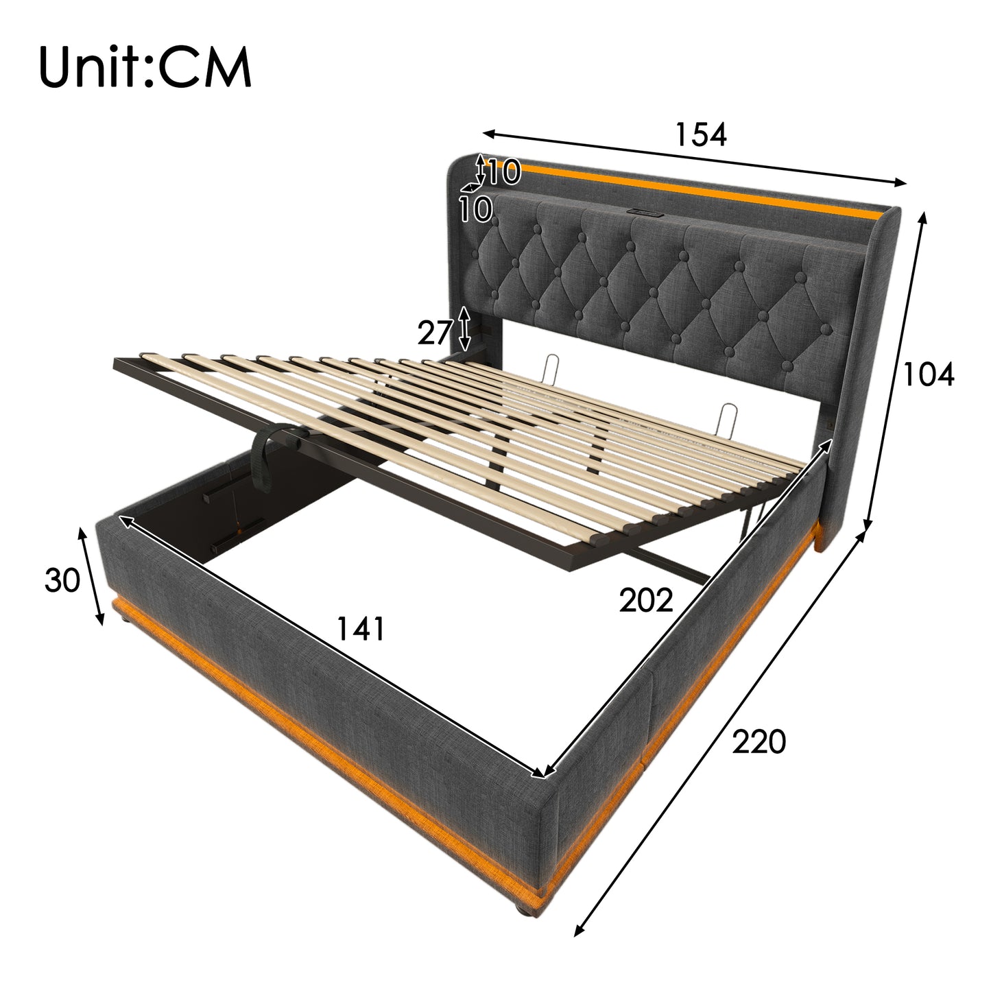 Upholstered Bed Double Bet, 360 Surround LED Function, Push Button App Remote Control, 140x200 Cm, Grey Linen Material Hydraulic Storage Bed, Padded Headboard With USB Type-C Charging Function  Withou