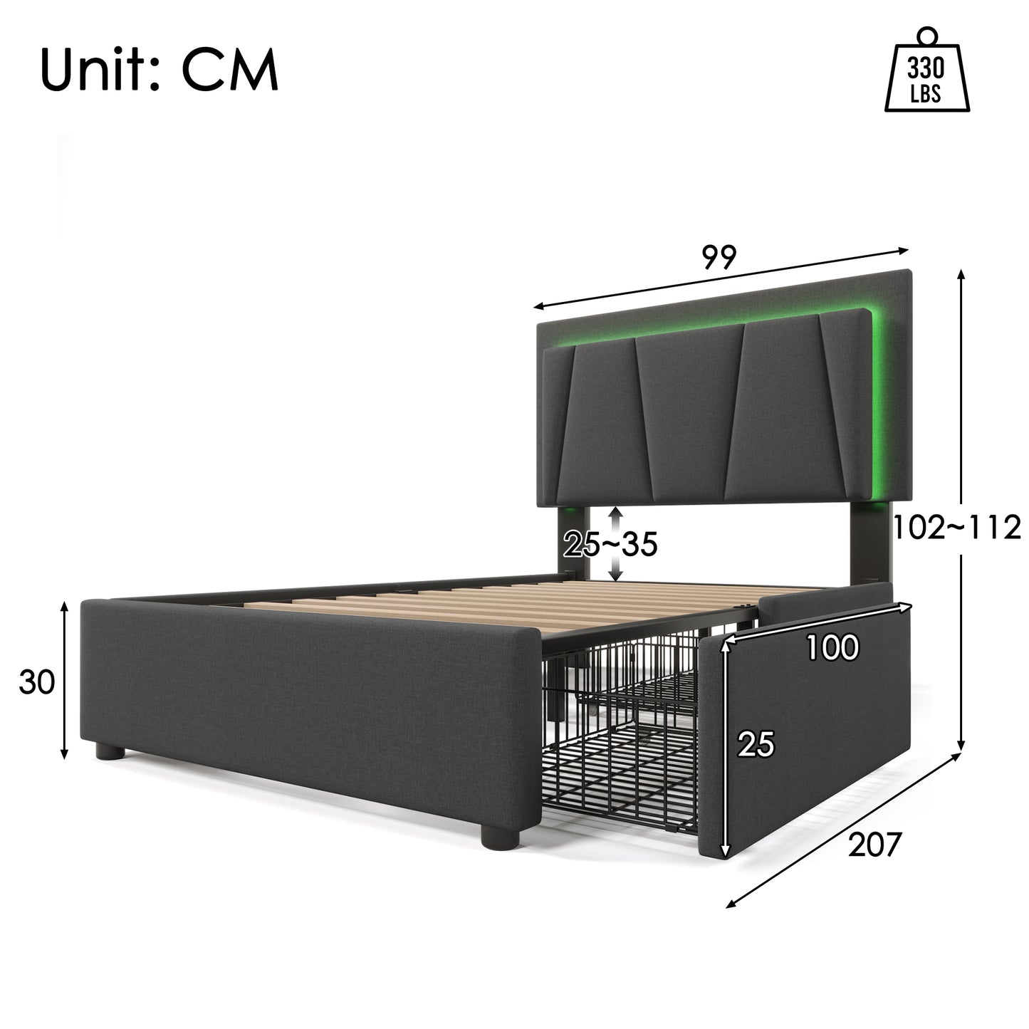Upholstered Bed With LED Lighting And 2 Drawers,Height-adjustable Headboard,Single Bed 90x200cm Storage Beds Bed Frame, Wooden Slatted Base,Grey  Without Mattress