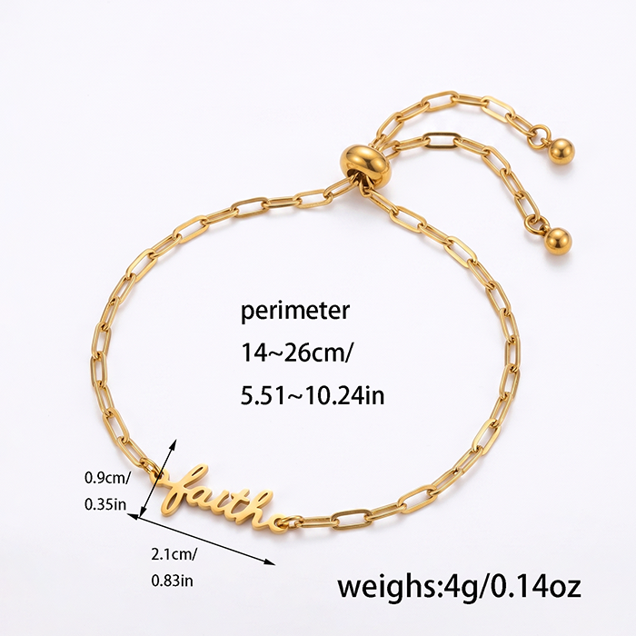 18K Gold Plated Stainless Steel Faith Bracelet For Women, Adjustable Paperclip Chain Script Word Charm Bracelet, Meaningful Religious Gift