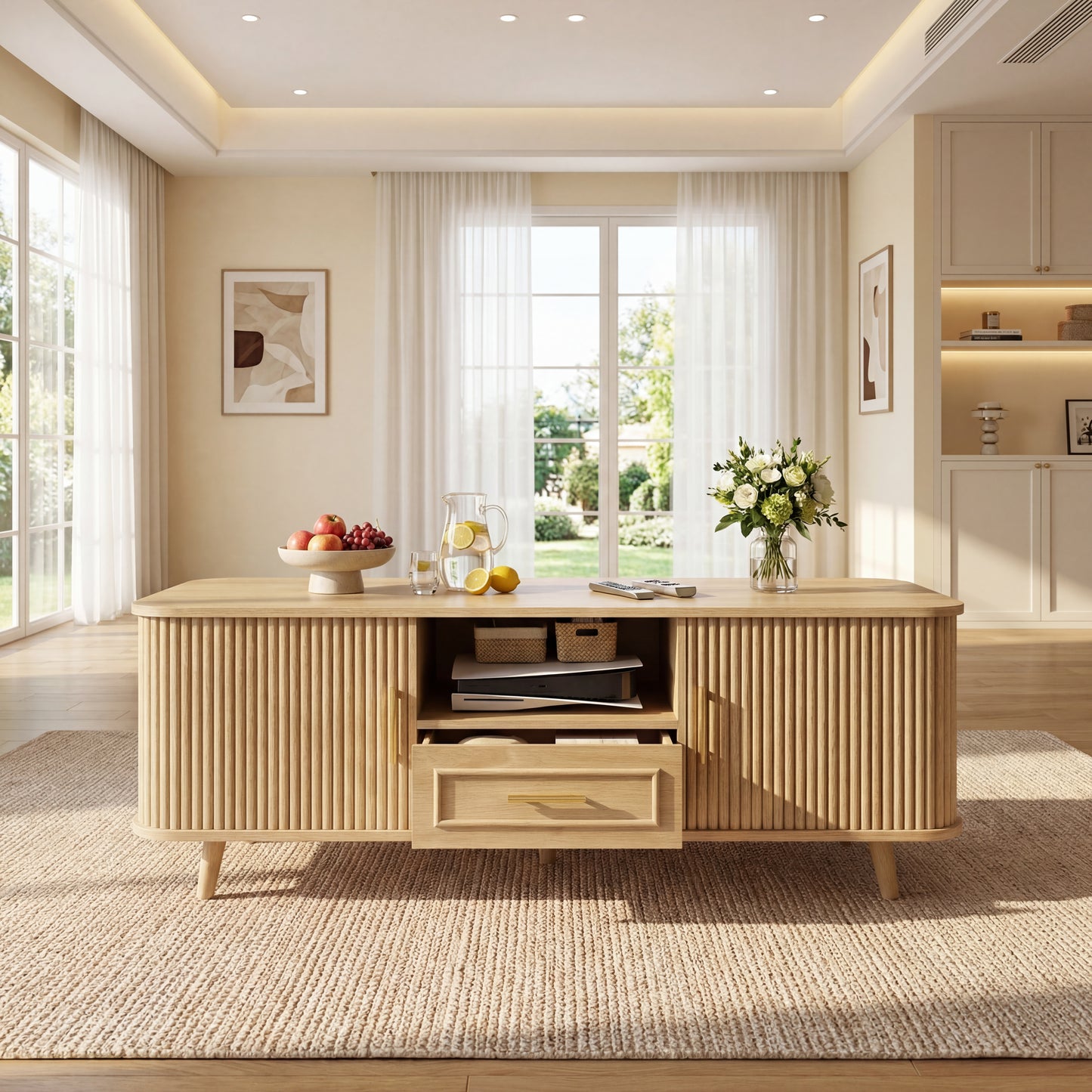 Mid-Century Modern Coffee Table With Storage Natural Wood Finish, 2 Doors & 1 Drawer, For Living Room, Entertainment Center, Home Theater