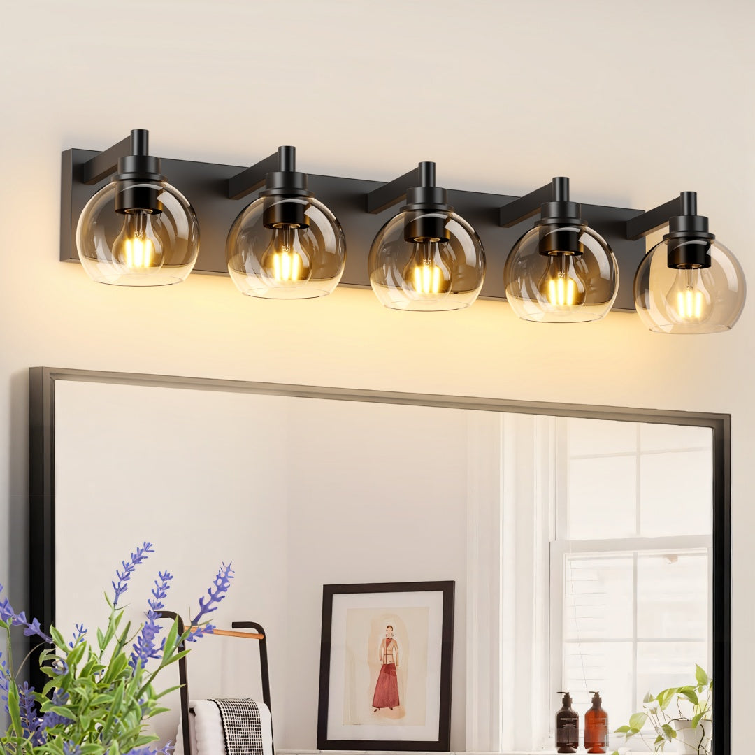 Bathroom Light Fixtures Over Mirror 5-Lights Bathroom Vanity Light With Clear Globe Glass Shade Modern Black Vanity Light Wall Sconce Vanity Lighting For Bath  Bulbs Not Included
