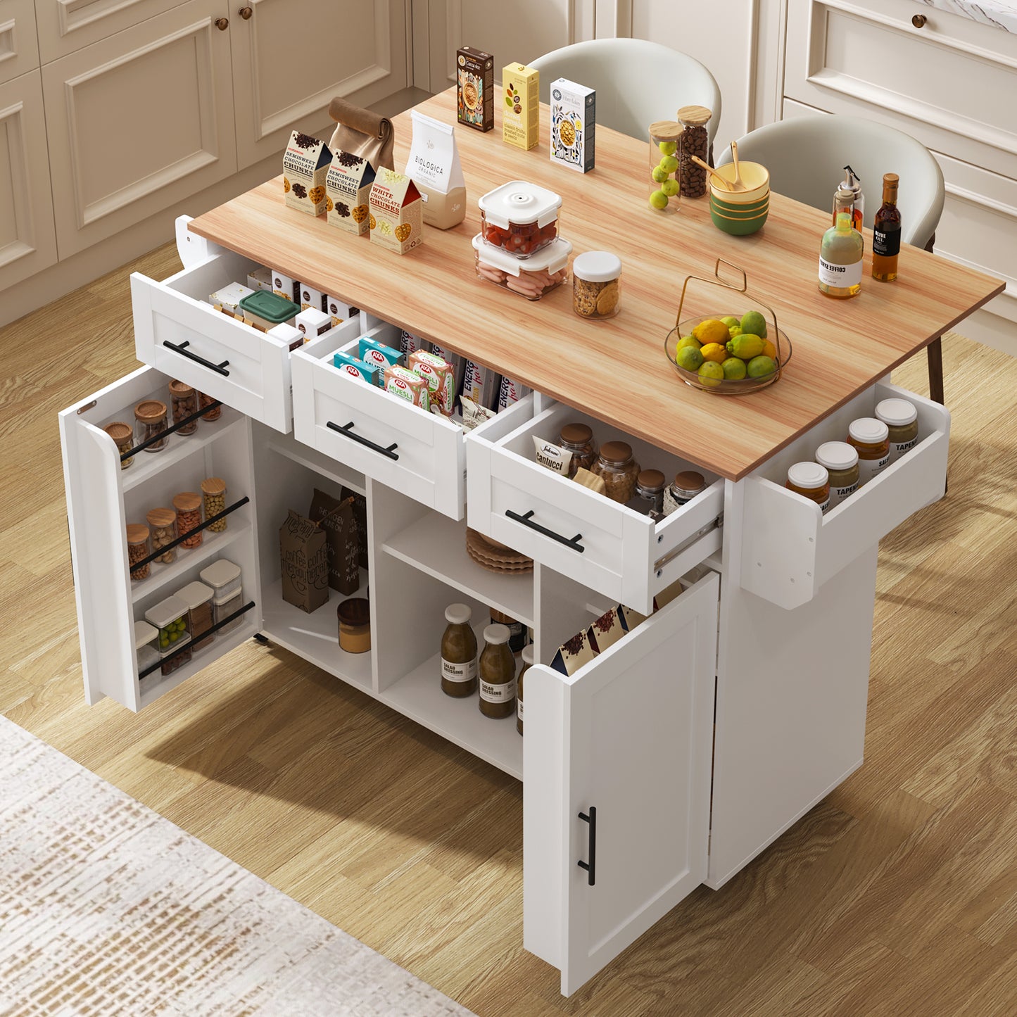 139x46 X91.5 Cm Large Dining Trolley Sideboard, White Body  Solid Wood Grain Worktop, Foldable Worktop, Storage Door, Castors, Interchangeable Solid Wood Feet, Suitable For Dining Room, Kitchen