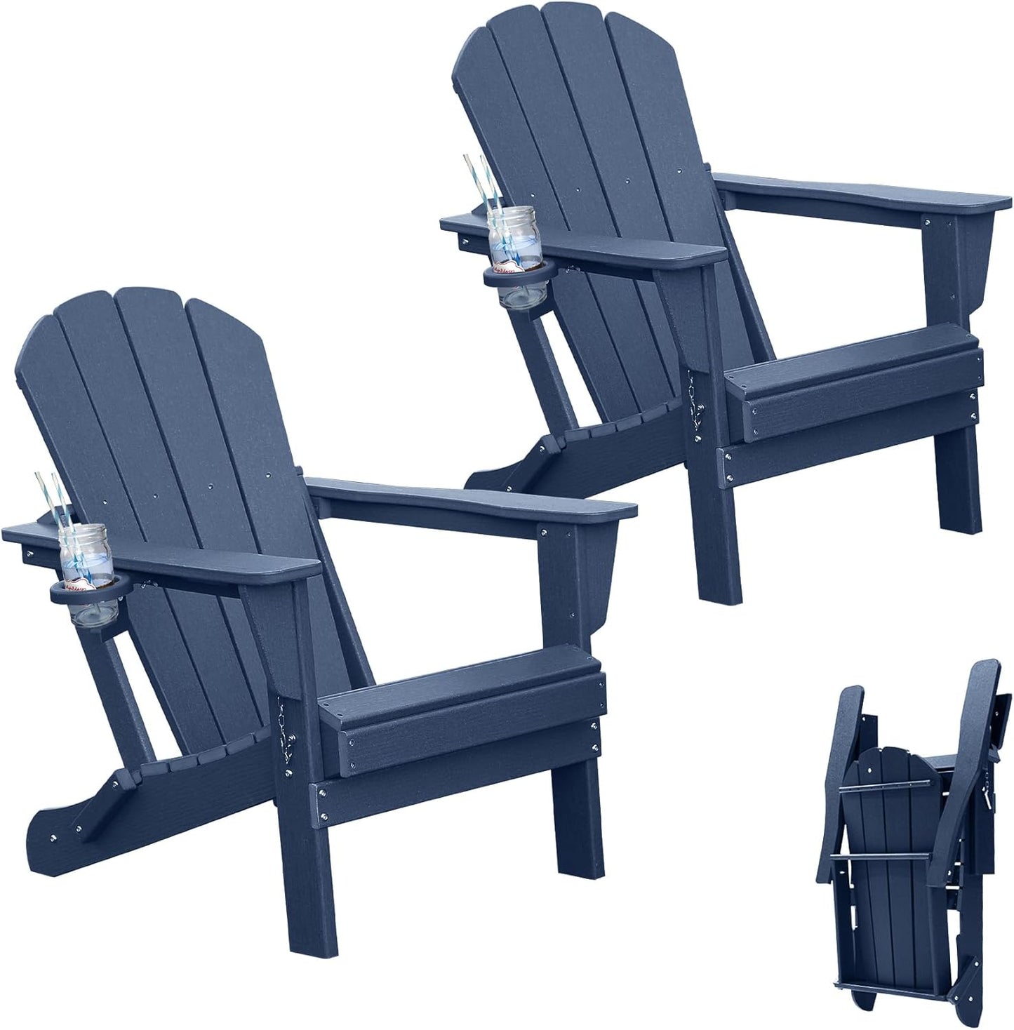 Adirondack Chairs Set Of 2, Plastic Adirondack Chair, Adirondack Chairs, HDPE Adirondack Chair, Folding Adirondack Chairs, Outdoor Chairs With Cup Holder For Lawn Patio Deck Fire Pit -Dark Blue