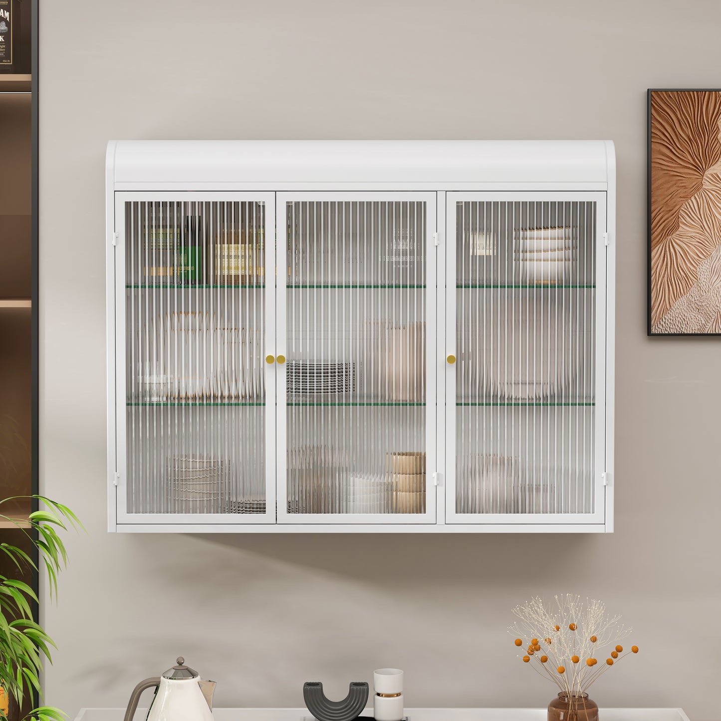 3 Door Arched Wall Mounted Glass Cabinets For Kitchen, Living Room And Bathroom White