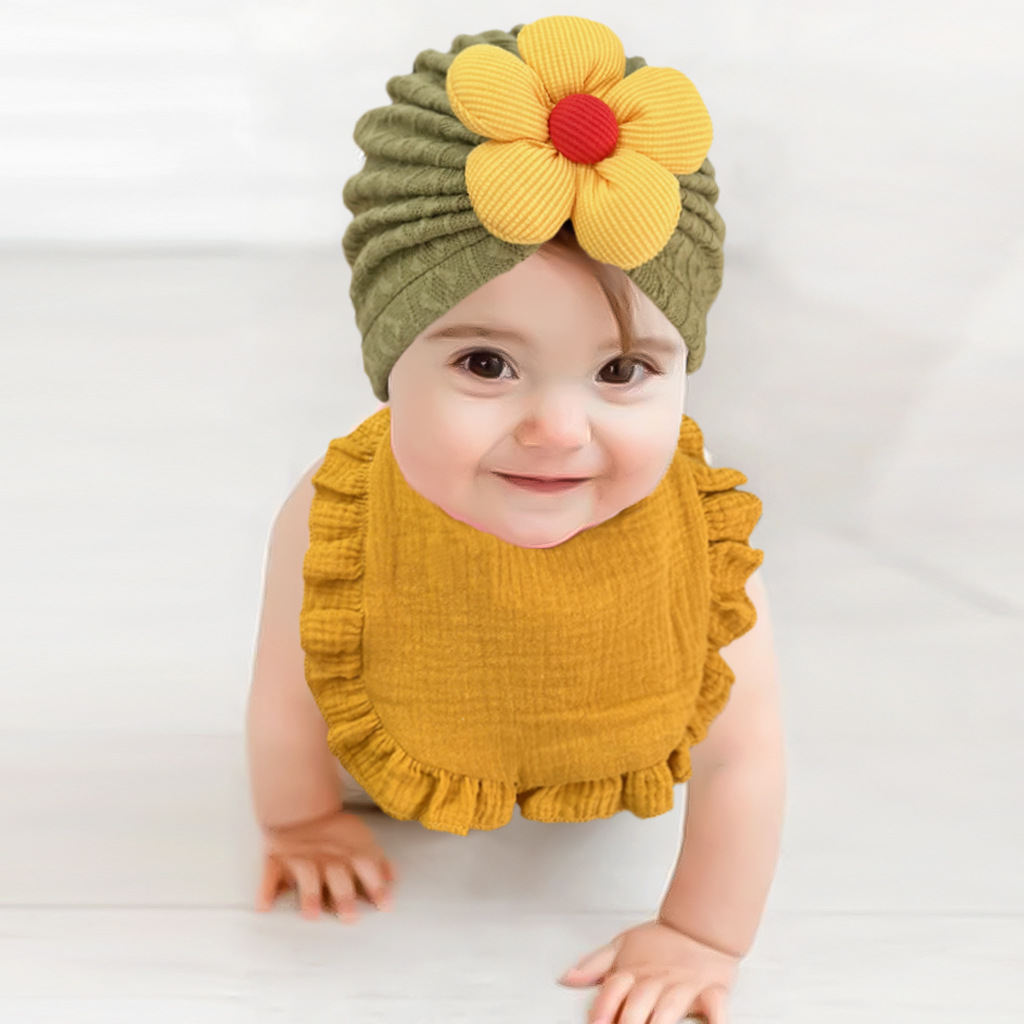 Newborn Baby Hat & Bib Set - Muslin Drool Bibs With Frilly Trim  Soft Organic Cotton Bonnet Bandana Drooling Accessories For Infants