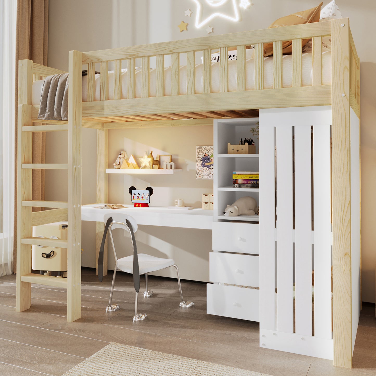 Loft Bed, 90x200cm , Desk, Wardrobe, 3 Drawers, Open Storage Space, Railing, Stairs, Without Mattress, Natural