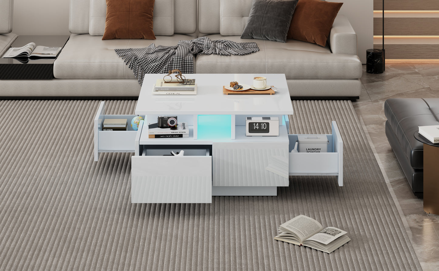 70X70X40cm Living Room Tea Table, High Gloss Coffee Table, Coffee Table With LED Light, Sofa Table With 4 Drawers, Side Table With Geometric Design, White, Total Load Capacity 30kg
