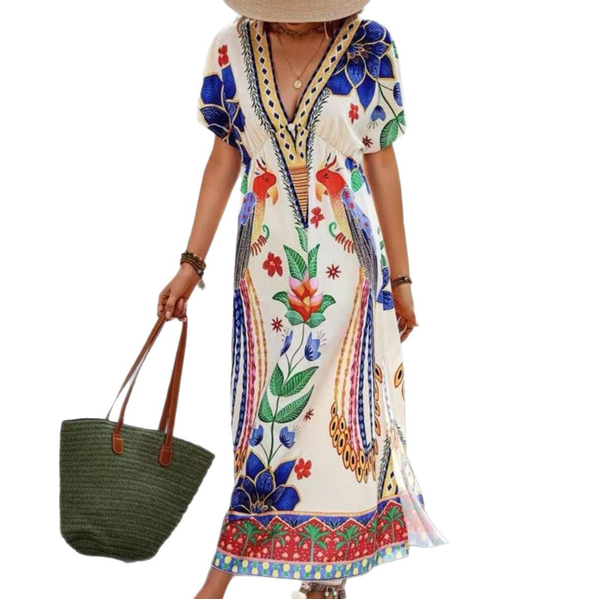 New Seasonal V-neck Printed Fashionable Loose-fit Short-sleeve Maxi Dress