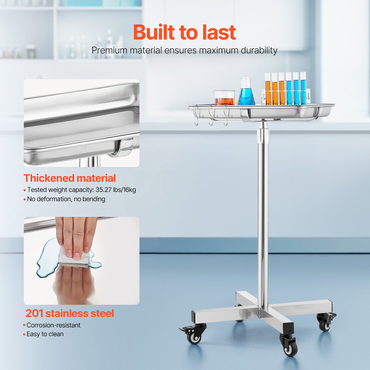 Mayo Stand, Stainless Steel Mayo Tray, Load Capacity Up To 35 Lbs, Adjustable Height 25.2-39.8, Medical Tray On Wheels With Removable Tray For Spa, Salon, Clinic, Personal Care