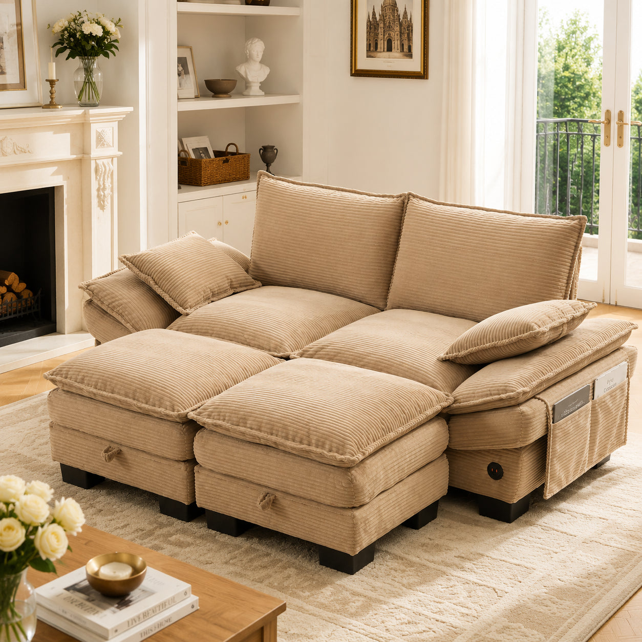 Modular 2-seater Corduroy Sofa  With 2 Stools  Wide Seat, Ergonomic Design, High-density Foam Padding, USB-C Port And Side Pockets. Ideal For Living Room, Office Or Lounge.